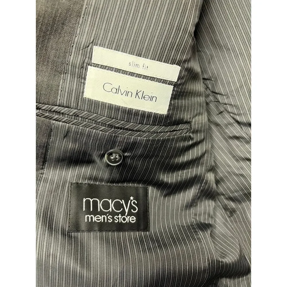Calvin Klein Blazer 40R Black Gray Striped Slim Fit Wool Sport Coat Macys Tag
